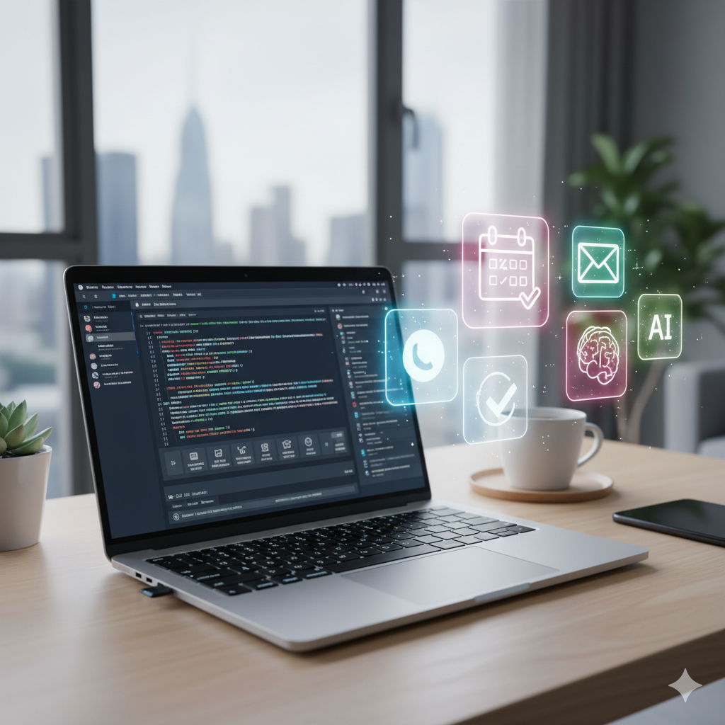 Ein Laptop auf einem Schreibtisch zeigt Code, daneben schweben farbige, leuchtende holographische Icons für Kalender, E-Mail, eine To-Do-Liste und künstliche Intelligenz. Eine Kaffeetasse und eine Zimmerpflanze stehen im Hintergrund, eine Stadtlandschaft ist durch ein Fenster zu sehen